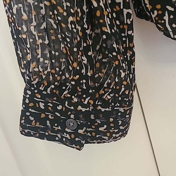 Loft Blouse High Neck Long Sleeve Sheer Black Gray Mustard Cream Print Size M - Picture 7 of 12